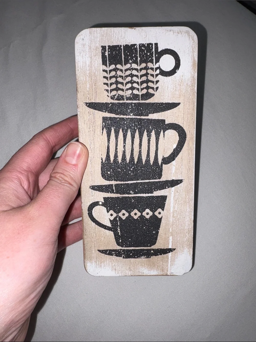 Rustic Stacked Teacups Wall Plaque - Black with White Background